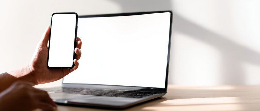 The smartphone held beside a laptop on a modern work desk