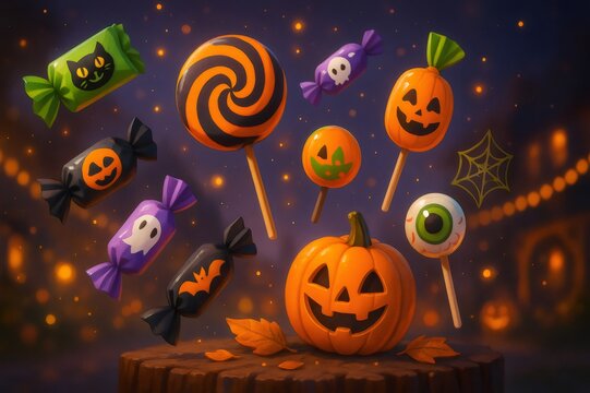 Halloween candies and pumpkin floating on a magical night