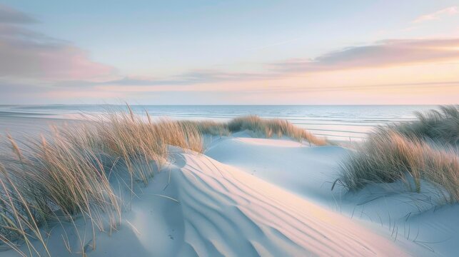 A serene beach landscape with sand dunes and tall grass under a pastel colored sky at sunset time