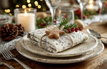 Christmas table setting decorated with folded napkin, gingerbread star and pine twig