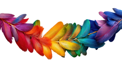 Vibrant feathers in a spectrum of colors, arranged in a flowing design