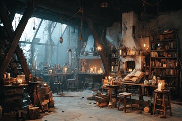 Naklejka premium Atmospheric interior of a dimly lit cluttered workshop with various items and candles