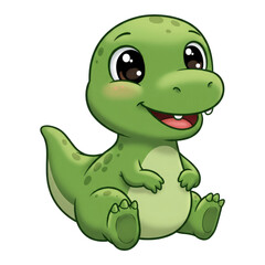 Fototapeta premium A Green Chibi Dinosaur with Big Eyes, Cut Out, Clipping Path Isolated on a Transparent PNG Background.