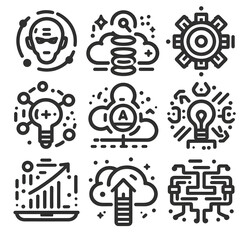 Modern flat line icon set for artificial intelligence, digital security, surveillance, and online identification concepts.