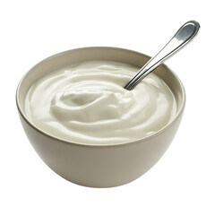 Creamy white yogurt in a bowl with spoon isolated on a transparent background image