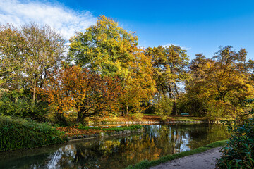 Golden autumn view in famous Munich relax place - Englischer Garten. Munich, Bavaria, Germany