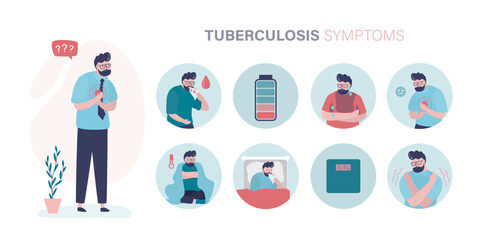 Fototapeta premium Sick man with chest pain, Tuberculosis symptoms, infographic. Set of pictograms and signs. Fever, chills, poor appetite, weight loss, coughing up blood. Sickness lungs