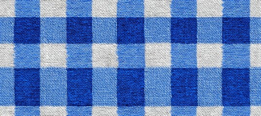 Blue fabric texture, checkered, picnic tablecloth backdrop. Generative AI technology.