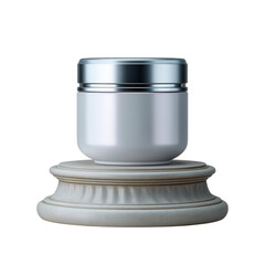 Elegant white cosmetic jar with a metallic silver lid showcased on a classical stone pedestal isolated on transparent background