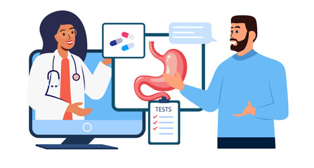 online doctor gastroenterologist consulting patient stomach ache gastritis online diagnostic medical application clinic consultation laptop zoom medical hospital illustration