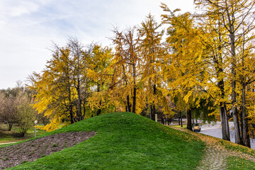 Golden autumn view in the Olympiapark in Munich, Germany, an Olympic Park for the 1972 Summer Olympics