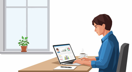Focused professional analyzing charts on laptop for business strategy, data-driven insights, and modern workplace efficiency – scalable vector graphic