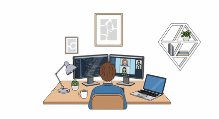Professional developer collaborating remotely via video call, showcasing modern work from home setup with dual monitors and laptop for dynamic teamwork
