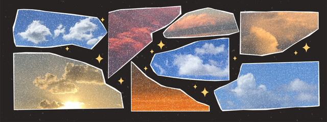Photocopy sky collage set. Torn paper clouds and sunset with halftone dots and retro grain effect. Vector pop art design. © MandarinkaArt