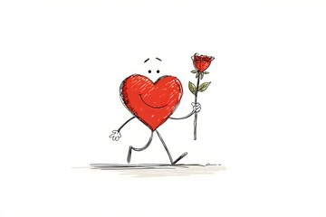 Cute Heart Character Holding Rose Cartoon Illustration for Love and Romance