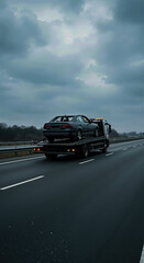 Tow truck carrying a damaged car on a highway under an overcast sky. Vehicle recovery and roadside assistance concept.