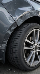 Damaged gray car fender and tire with scratches and paint peeled off after road accident on urban street. Auto problem and repair concept.