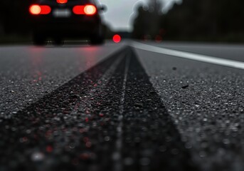 Tire skid mark on asphalt road at night. Concept of road accident, car crash, and emergency brake. Auto problem.