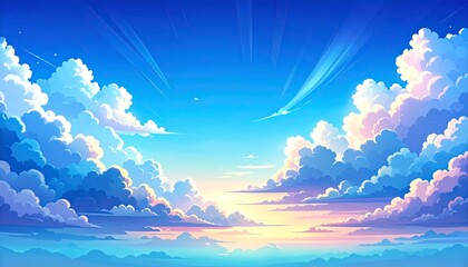 Fototapeta premium A beautiful summer landscape where the sun's light touches the clear blue sky, white clouds, and the vast sea