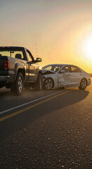 Damaged car and truck on a sunny road after a road accident. Emergency vehicle crash with smashed auto. Urban city transport problem concept for roadside assistance.