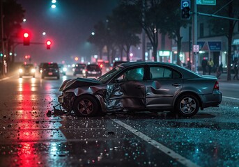 Fototapeta premium Damaged car involved in a night road accident on a city street. Problem with vehicle and crisis of transport service concept.