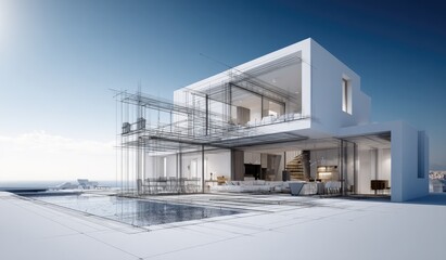 Modern house design, blueprint overlay