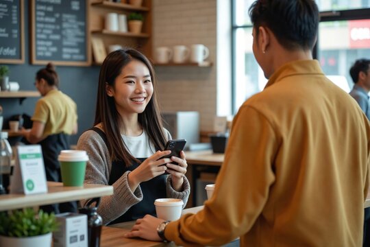 Loyalty App Success: Happy Asian Woman Smiles at Phone in Cafe