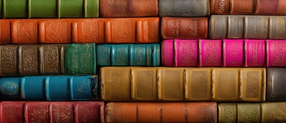 The colorful collection of vintage books stacked neatly on shelves.