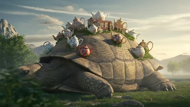 A city built on the back of a giant, slumbering tortoise, where every building is a uniquely shaped teapot.