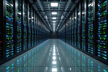 Obraz premium Modern Data Center: Server Racks with Blinking LED Lights in Aisle
