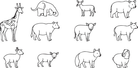 Assortment of Simple Line Art Animal Illustrations Featuring Giraffe Bears and Antelopes wildlife outline