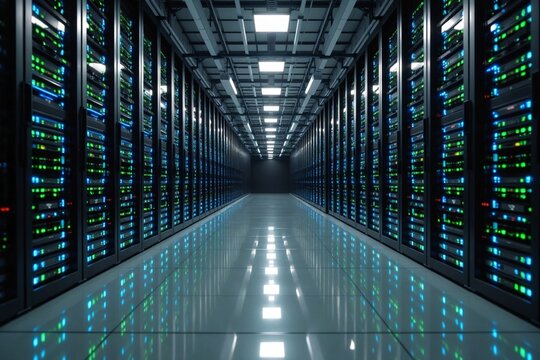 Modern Data Center: Server Racks with Blinking LED Lights in Aisle