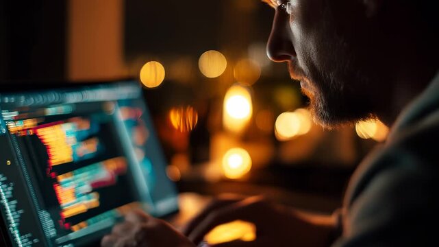 Developer coding, programmer typing coder debugging. Hacker engineer concentrating working on laptop. Typing coding, debugging all day. Developer working, programmer coding coder always concentrating.