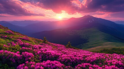 Vibrant Pink Flower - covered Mountain Slope at Sunset with Majestic Peaks in Background 