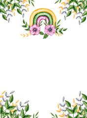 Postcard design with anemones and rainbow watercolor. Perfect for DIY projects, cards, invitations, posters, scrapbooking, branding, packaging. Botanical frame for both digital and print use.
