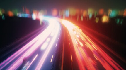 Fototapeta premium Futuristic night highway with rainbow-colored lanes, motion blur cars, glowing city lights