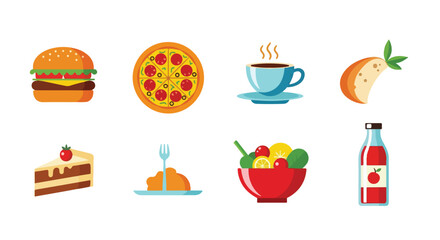 Food items illustration hamburger pizza coffee cake pasta salad juice