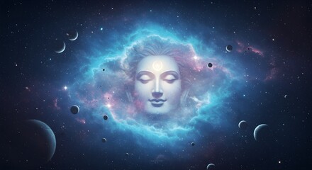 Obraz premium Serene Buddha Face in Cosmic Nebula, Meditation and Spirituality Concept