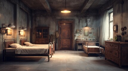 Fototapeta premium Two rusty metal beds in abandoned room with peeling walls. a post-apocalyptic mood. Haunted room styled like an old hospital with rusted beds, cracked walls, and medical tools