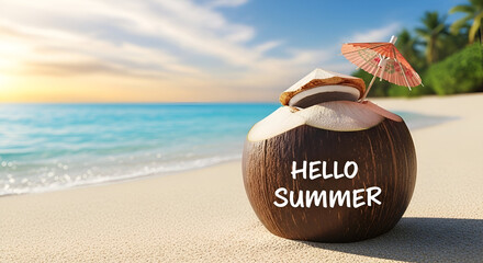 Tropical vacation scene with a coconut drink and 'Hello Summer' on a pristine beach at sunset.


