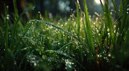 Dew-kissed grass blades gleam in morning light