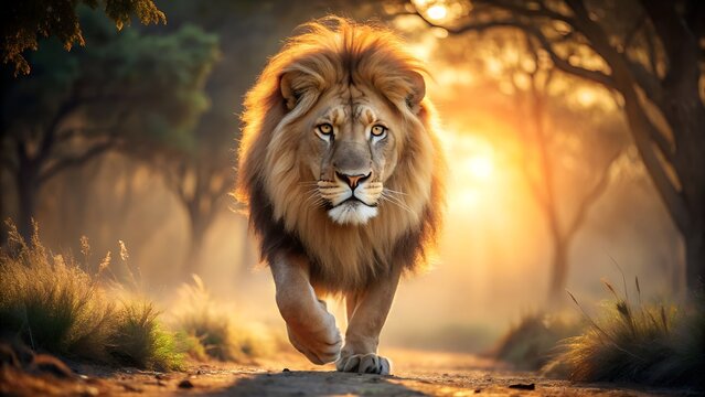Majestic Male Lion Walking Towards Sunrise in African Savanna; Golden Hour Light, Powerful and Serene. - Powered by Adobe