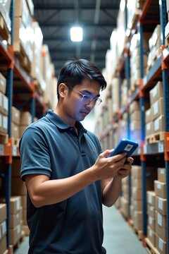 Warehouse employee using a handheld RFID reader to efficiently scan inventory and track stock in a modern distribution center.