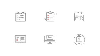 Set of six linear icons for business and project management, including calendar, checklist, user profile, and digital interface symbols
