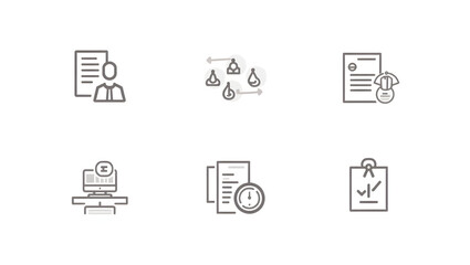 Set of minimalist line icons representing business management and corporate documentation. Symbols for workflow, approval, and project processes.