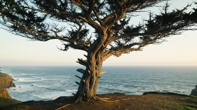 Dramatic Coastal Cypress Tree at Sunset Overlooking Pacific Ocean