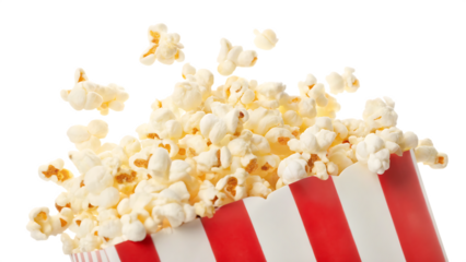 Fluffy popcorn spilling from striped container isolated on a transparent background
