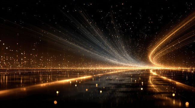 Glowing lines converge on reflective surface, strewn with golden sparkles against a dark backdrop