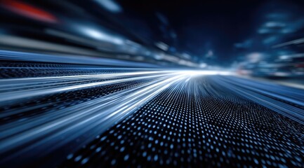 Blurry night cityscape, speeding car light trails on a digital matrix road