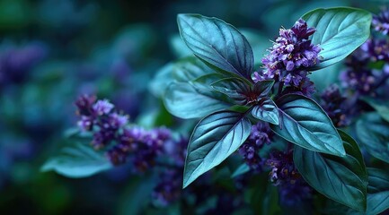 Dark teal basil plant with purple flowers in soft focus